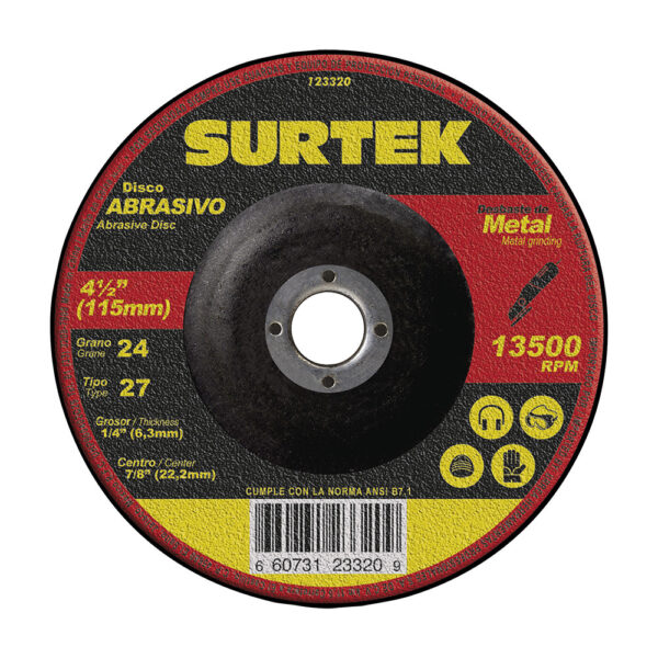 Disco abrasivo tipo 27 para metal 4-1/2" x 1/4" Surtek