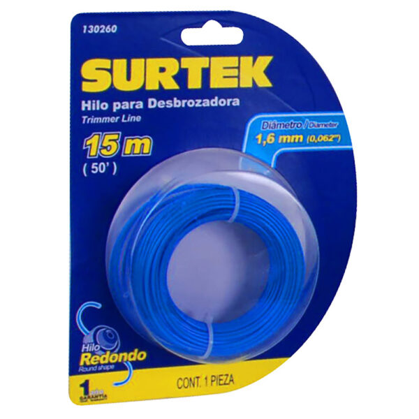 Nailon redondo para desbrozadora en blíster, 1.65 mm x 15 m Surtek