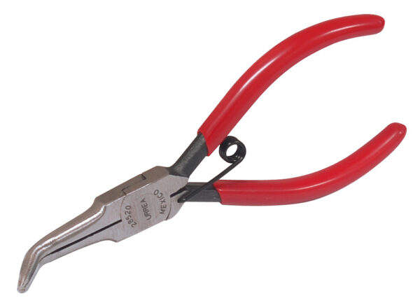 Pinza para electrónica con mango rubber grip de 5-11/32" punta aguja doblada 45° Urrea