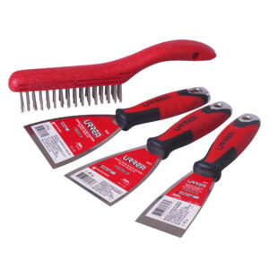Juego de espátulas flexibles de acero inoxidable con mango bimaterial y cepillo, 4 piezas Urrea