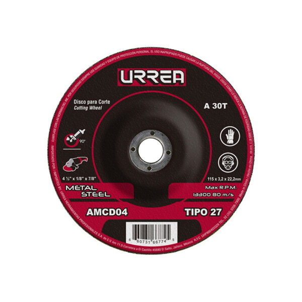 Disco abrasivo tipo 27 para metal 4-1/2" x 1/8" Urrea