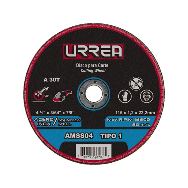 Disco abrasivo tipo 1 para acero inoxidable 4-1/2" x 3/64" Urrea