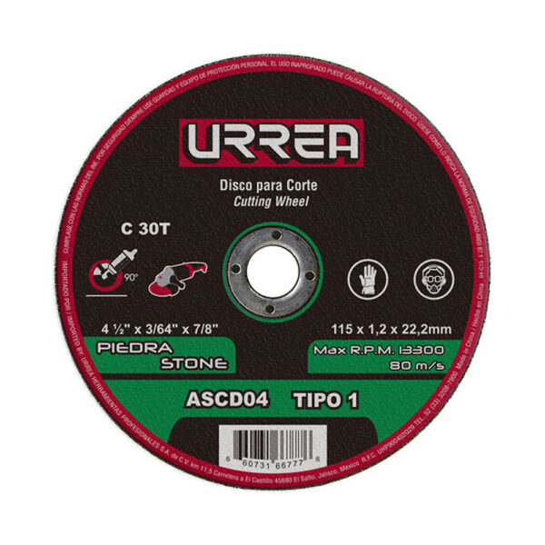 Disco abrasivo tipo 1 para piedra 4-1/2" x 3/64" Urrea