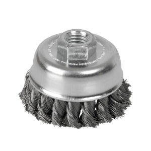 Carda copa trenzada alambre grueso acero inoxidable 4" x 0.50 mm con rosca 5/8" Surtek