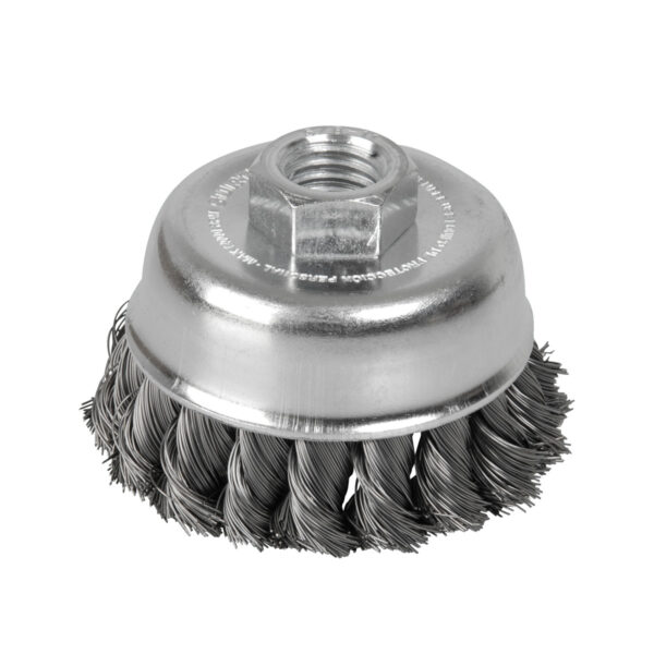 Carda copa trenzada alambre grueso acero inoxidable 4" x 0.50 mm con rosca M14 Surtek