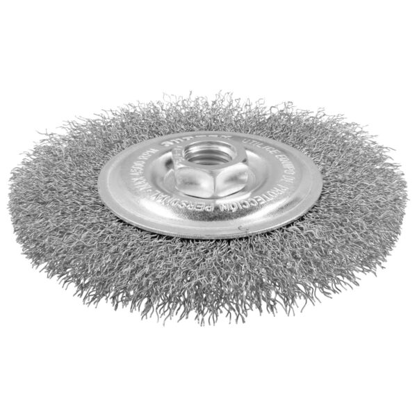 Carda circular ondulada alambre delgado acero inoxidable 6" x 0.30 mm con rosca M14 Surtek