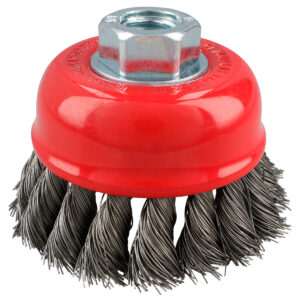 Carda copa trenzada alambre grueso de acero inoxidable 3" x 0.50 mm con rosca M14 Urrea