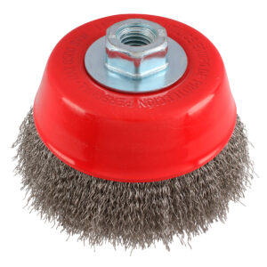 Carda copa ondulada alambre grueso de acero inoxidable 5" x 0.50 mm con rosca 5/8" Urrea