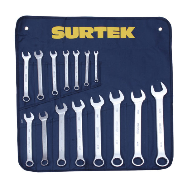 Juego de llaves combinadas satinadas métricas, 12 puntas, 15 piezas en estuche Surtek
