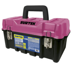 Caja portaherramientas plástica con broches metálicos color negro tapa rosa 17" x 9" x 8" Surtek