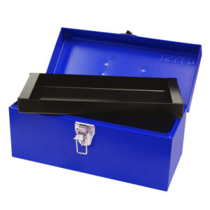 Caja portaherramientas métalica con asa plástica color azul 14" x 6" x 6" Urrea
