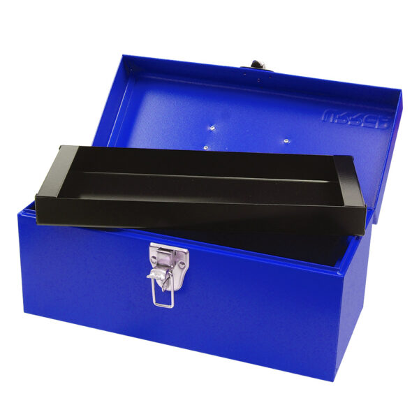 Caja portaherramientas métalica con asa plástica color azul 14" x 6" x 6" Urrea