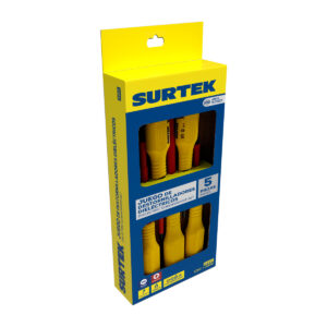 Juego de destornilladores con mango amarillo dieléctricos 1000 V combinados, 5 piezas con caja Surtek