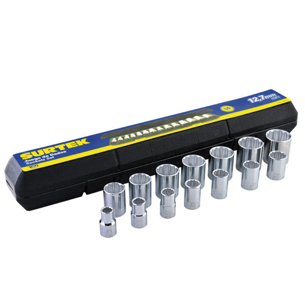 Juego de dados cuadro de 1/2", 12 puntas, métricos, 14 piezas Surtek