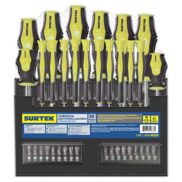 Juego de destornilladores con mango bimaterial combinados, 36 piezas en rack Surtek