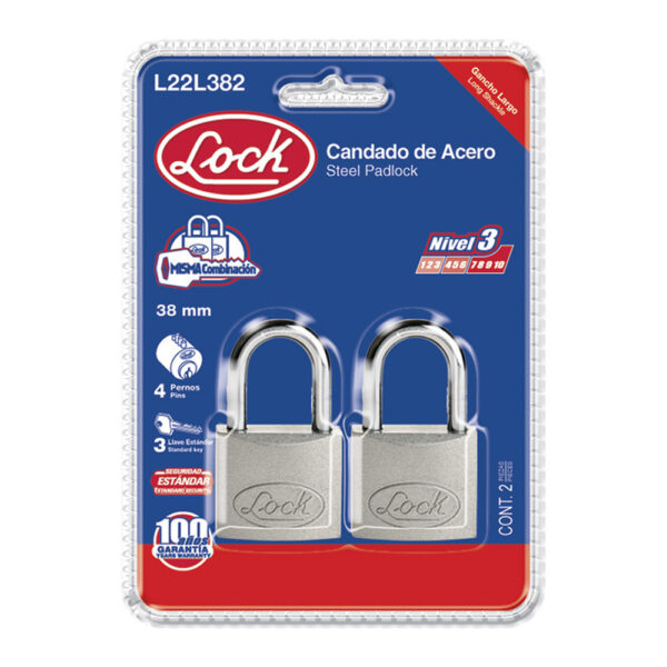Juego de candados de acero largos 38 mm, llave estándar, 2 piezas Lock