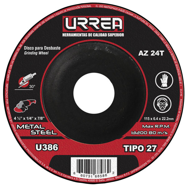 Disco abrasivo tipo 27 para metal 4-1/2" x 1/4" Urrea