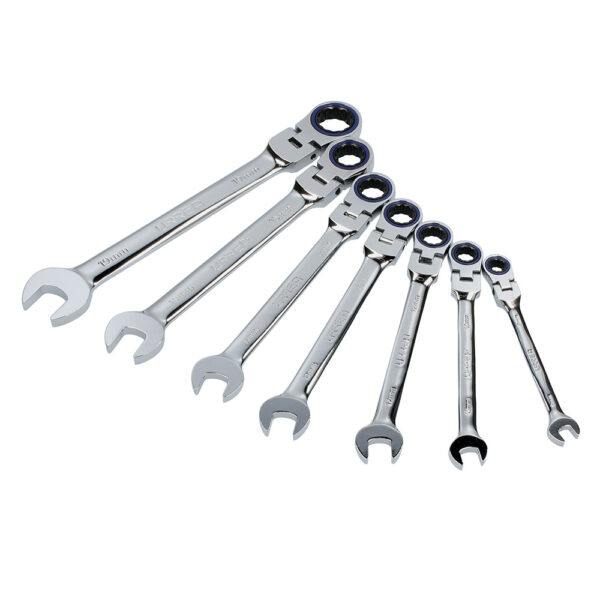 Juego de llaves combinadas pulido espejo de matraca flex mét, 12 puntas,7 pz en rack Urrea
