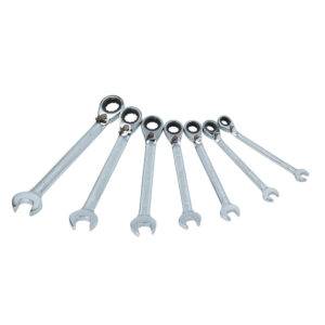 Juego de llaves combinadas pulido espejo de matraca rev en pulg, 12 puntas,7 pz en rack Surtek