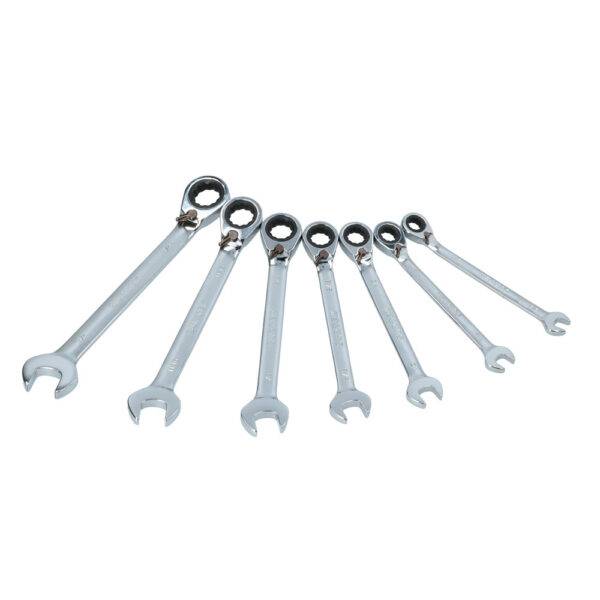 100574 Juego de llaves combinadas pulido espejo de matraca rev en pulg, 12 puntas,7 pz en rack Surtek