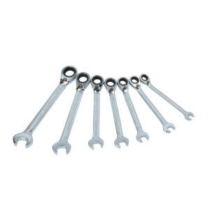 Juego de llaves combinadas pulido espejo de matraca rev mét, 12 puntas,7 pz en rack Surtek