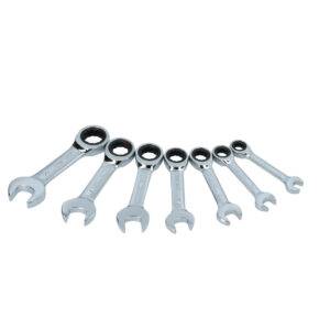 100576 Juego de llaves combinadas cortas pulido espejo de matraca en pulg, 12 puntas,7 pz en rack Surtek
