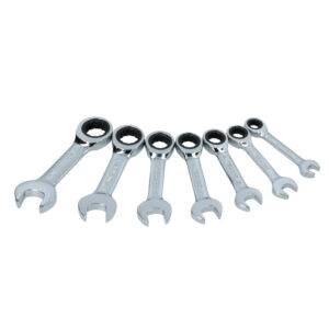 100577 Juego de llaves combinadas cortas pulido espejo de matraca mét, 12 puntas,7 pz en rack Surtek