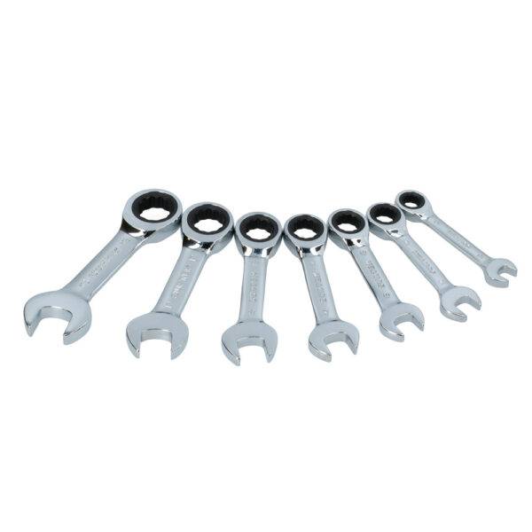 Juego de llaves combinadas cortas pulido espejo de matraca mét, 12 puntas,7 pz en rack Surtek