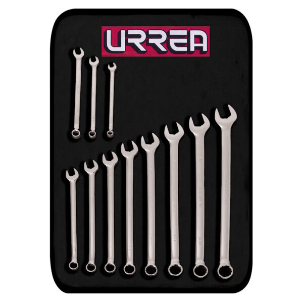 1200AL Juego de llaves combinadas extra largas pulido espejo en pulgadas, 12 pts,11 pz en estuche Urrea