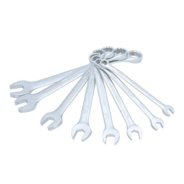 Juego de llaves combinadas satinadas métricas, 12 puntas, 8 piezas en rack Urrea