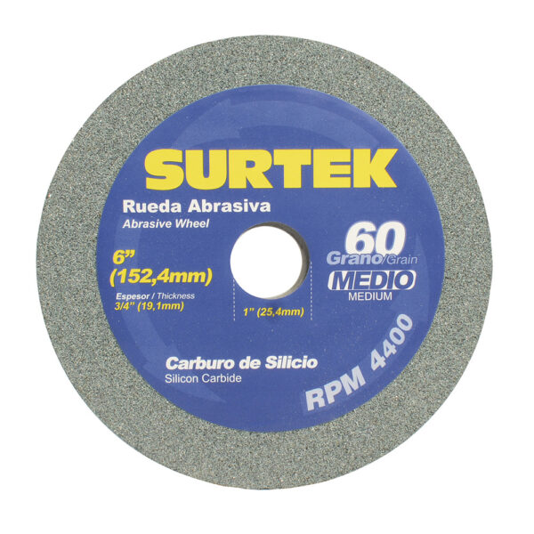 128030 Rueda abrasiva de carburo de silicio verde grano 60, 6" x 3/4" Surtek