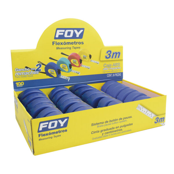 142129 Flexómetros con carcasa de plástico azul en display 3 m x 1 Foy