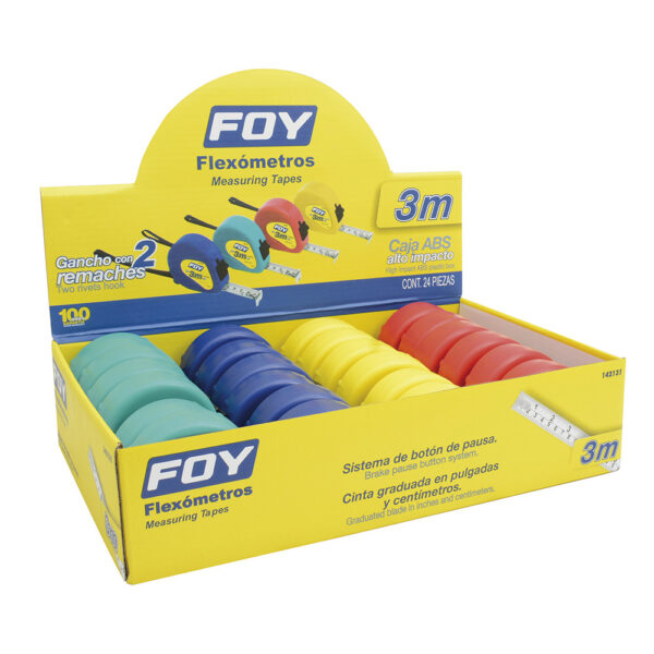142131 Flexómetros con carcasa de plástico colores en display 3 m x 1/2" Foy
