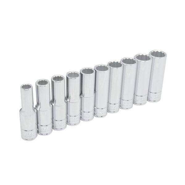 54215 Juego de dados largos cuadro de 1/2", 12 puntas, métricos, en riel, 10 piezas Urrea