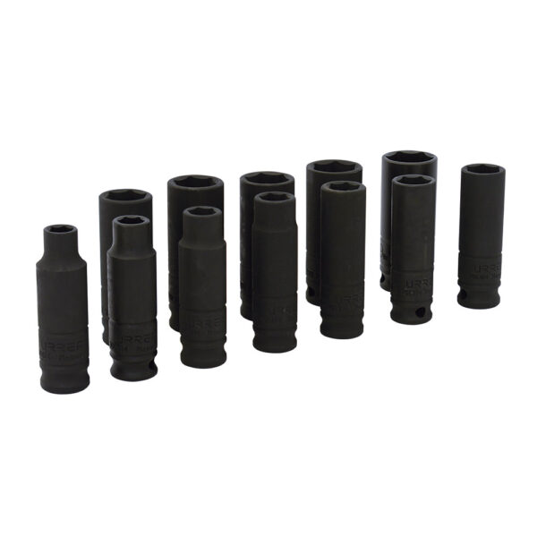 72212 Juego de dados de impacto largos cuadro de 3/8", 6 puntas, métricos, 11 piezas Urrea