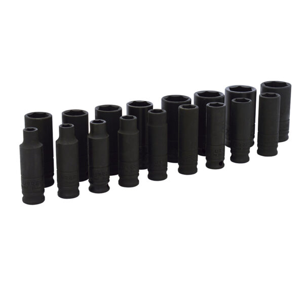 72216 Juego de dados largos de impacto cuadro de 3/8", 6 puntas, métricos, 17 piezas Urrea