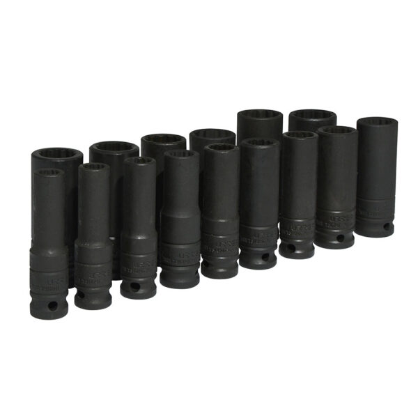 74203 Juego de dados largos de impacto cuadro de 1/2", 12 puntas, métricos, 15 piezas Urrea
