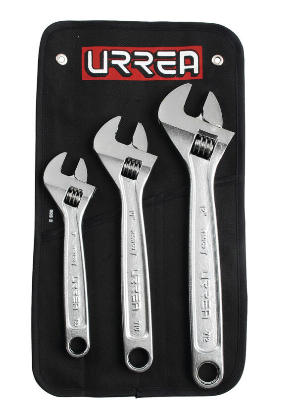 Juego de llaves ajustables cromadas, 3 piezas en estuche Urrea