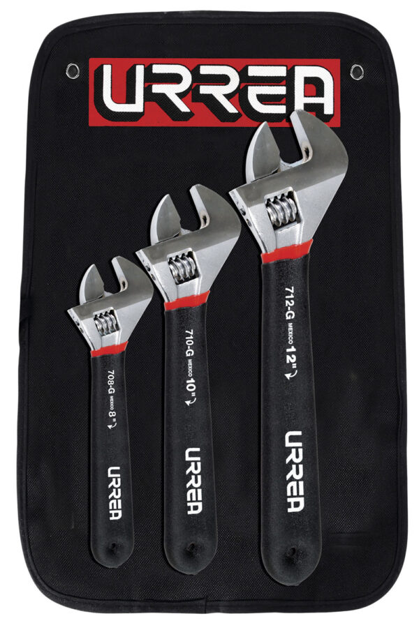 795G Juego de llaves ajustables cromadas con mango Rubber Grip, 3 piezas en estuche Urrea