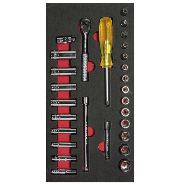 Juego de dados cortos, largos y accesorios cuadro de 1/4" métricos 28 piezas CH103-C Urrea