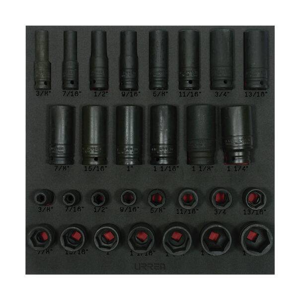 CH218 Juego de dados de impacto cortos y largos en pulgadas cuadro de 1/2" 29 piezas, CH218-C Urrea