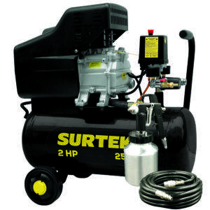 COMP425K Compresor de aire eléctrico lubricado con pistola y manguera 25L, 2HP, 127V Surtek