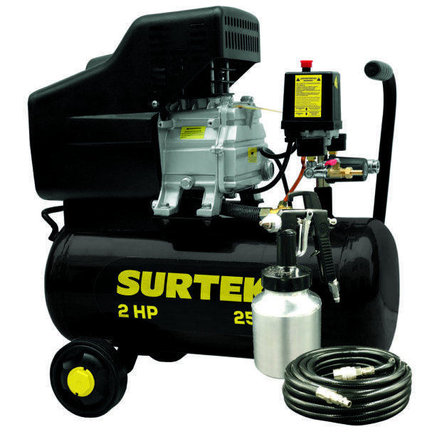 COMP425K Compresor de aire eléctrico lubricado con pistola y manguera 25L, 2HP, 127V Surtek