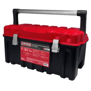 Caja portaherramientas plástica con broches metálicos color negro tapa roja 17" x 9" x 8" Urrea