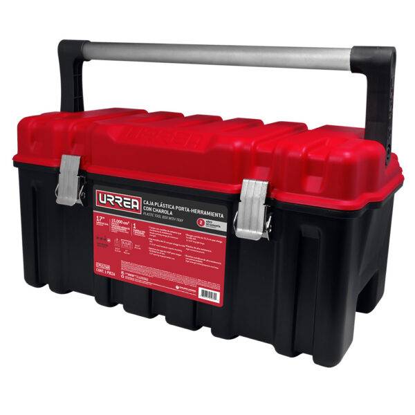 Caja portaherramientas plástica con broches metálicos color negro tapa roja 17" x 9" x 8" Urrea