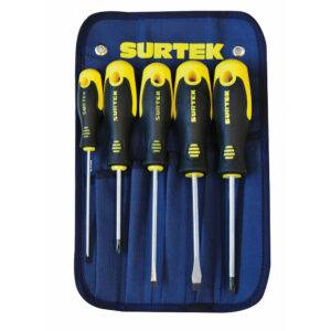 Juego de destornilladores con mango bimaterial combinados, 5 piezas en estuche Surtek
