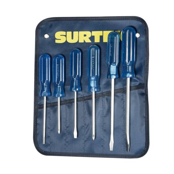 DCO07P Juego de destornilladores con mango azul combinados, 6 piezas en estuche Surtek