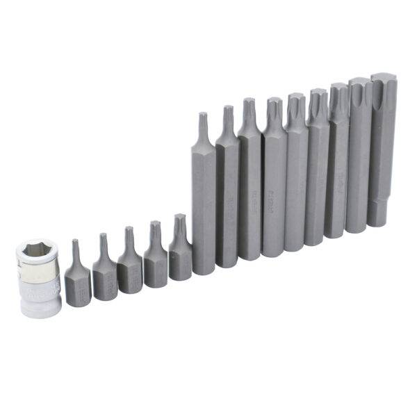 J230 Juego de puntas torx cortas y largas hexágono de 3/8" con adaptador, 15 piezas en blíster Urrea