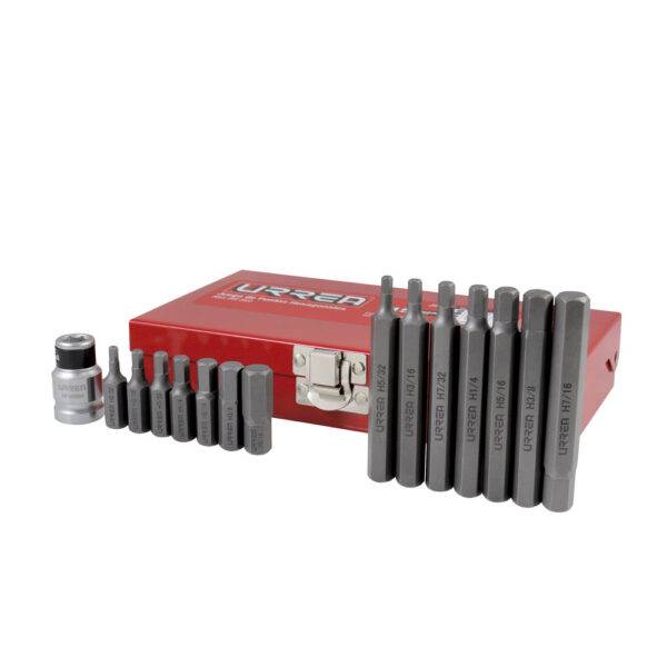 J2415 Juego de puntas hexagonales hexágono de 3/8" in, con adaptador, 15 pz en caja metalica Urrea