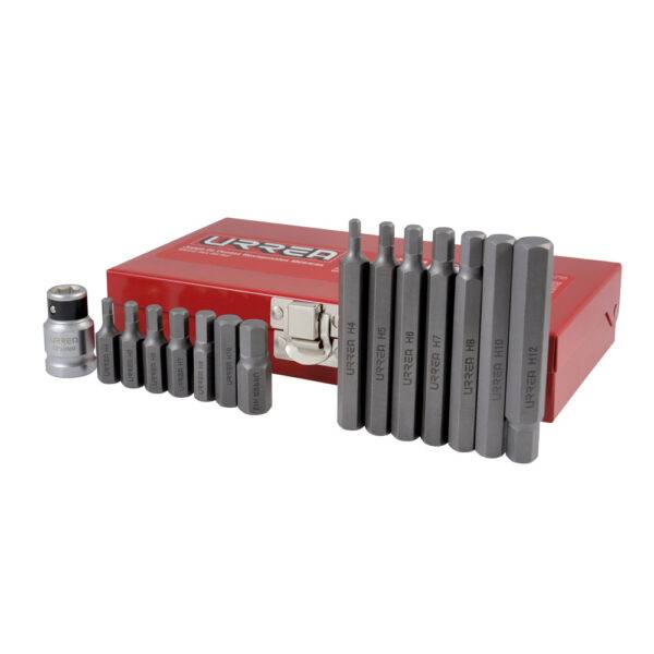 J2415M Juego de puntas hexagonales hexágono de 3/8" mét, con adaptador, 15 pz en caja metalica Urrea